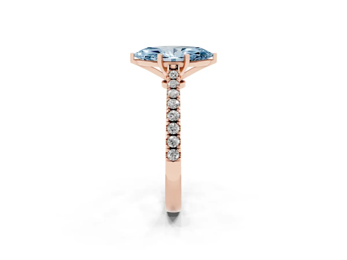 Fancy Blue Marquise Cut Cut Solitaire Diamond Engagement Ring with Pave Band and Four-Prong Setting Rose gold