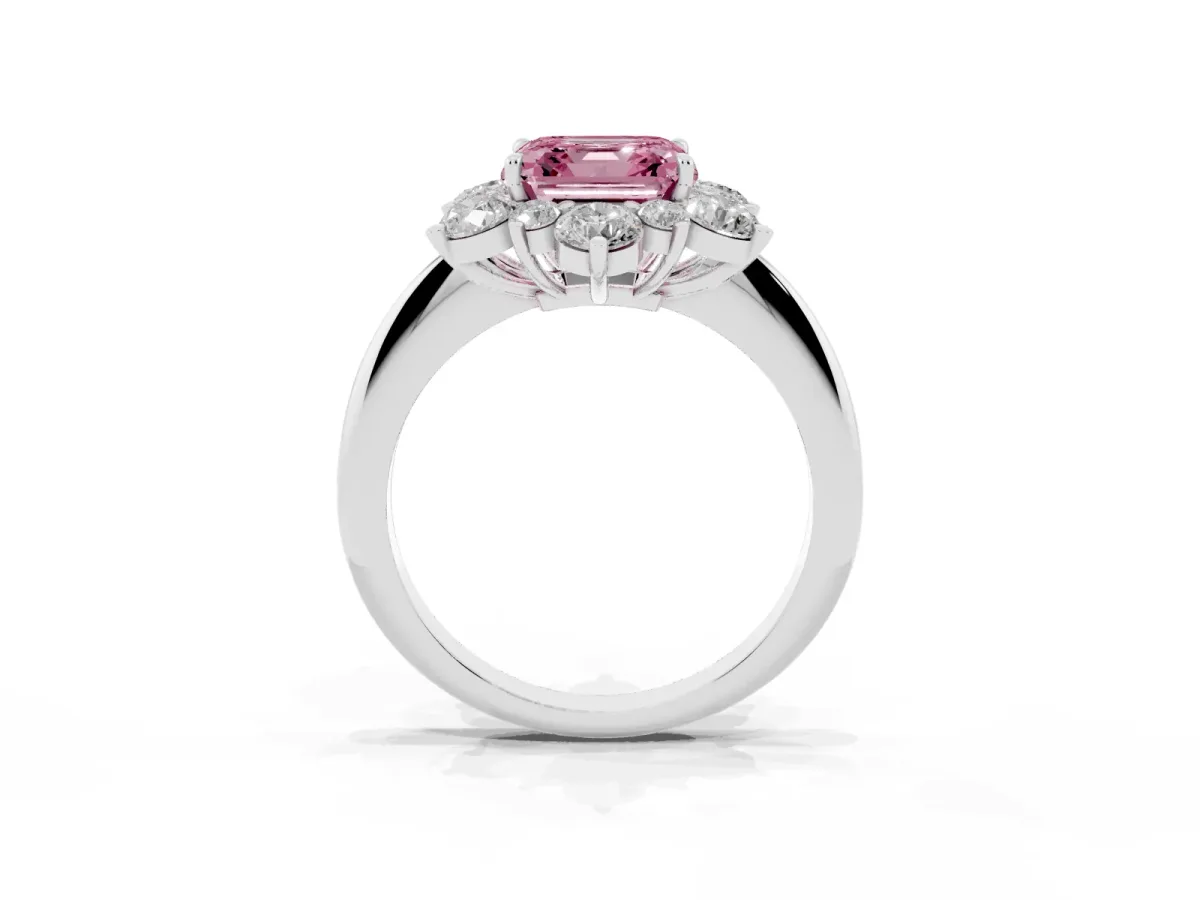 Fancy Pink Asscher Cut Diamond Cluster Halo Ring with Solitaire Band and Four-Prong Setting Silver