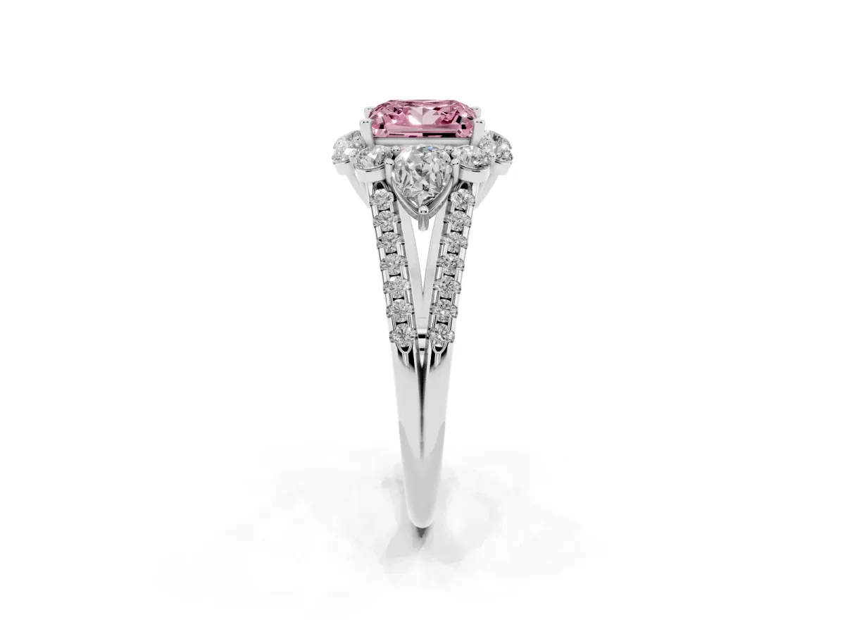 Fancy Pink Princess Cut Halo Split Shank Diamond Engagement Ring with Prong Setting Platinum