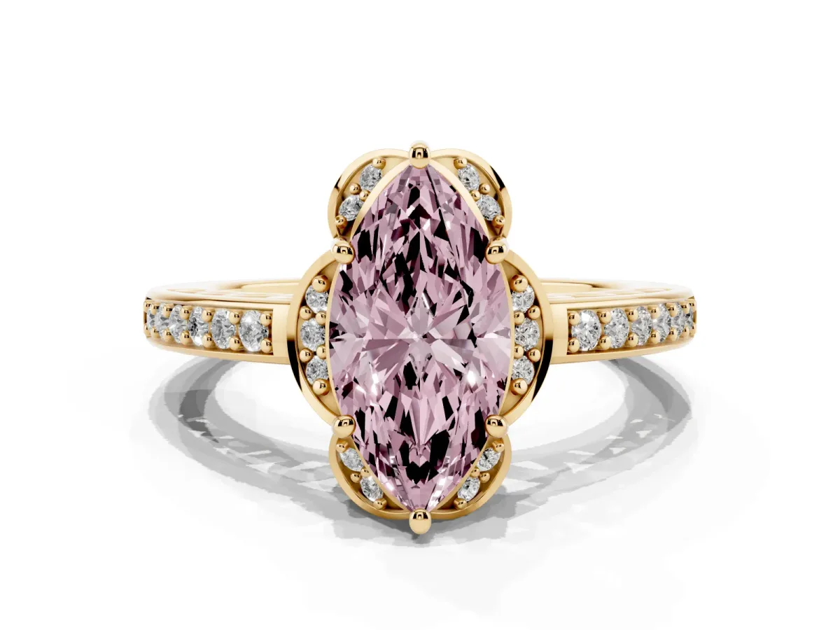Fancy Pink Marquise Cut Cut Halo Diamond Ring with Channel Set Band and Four-Prong Setting Yellow gold