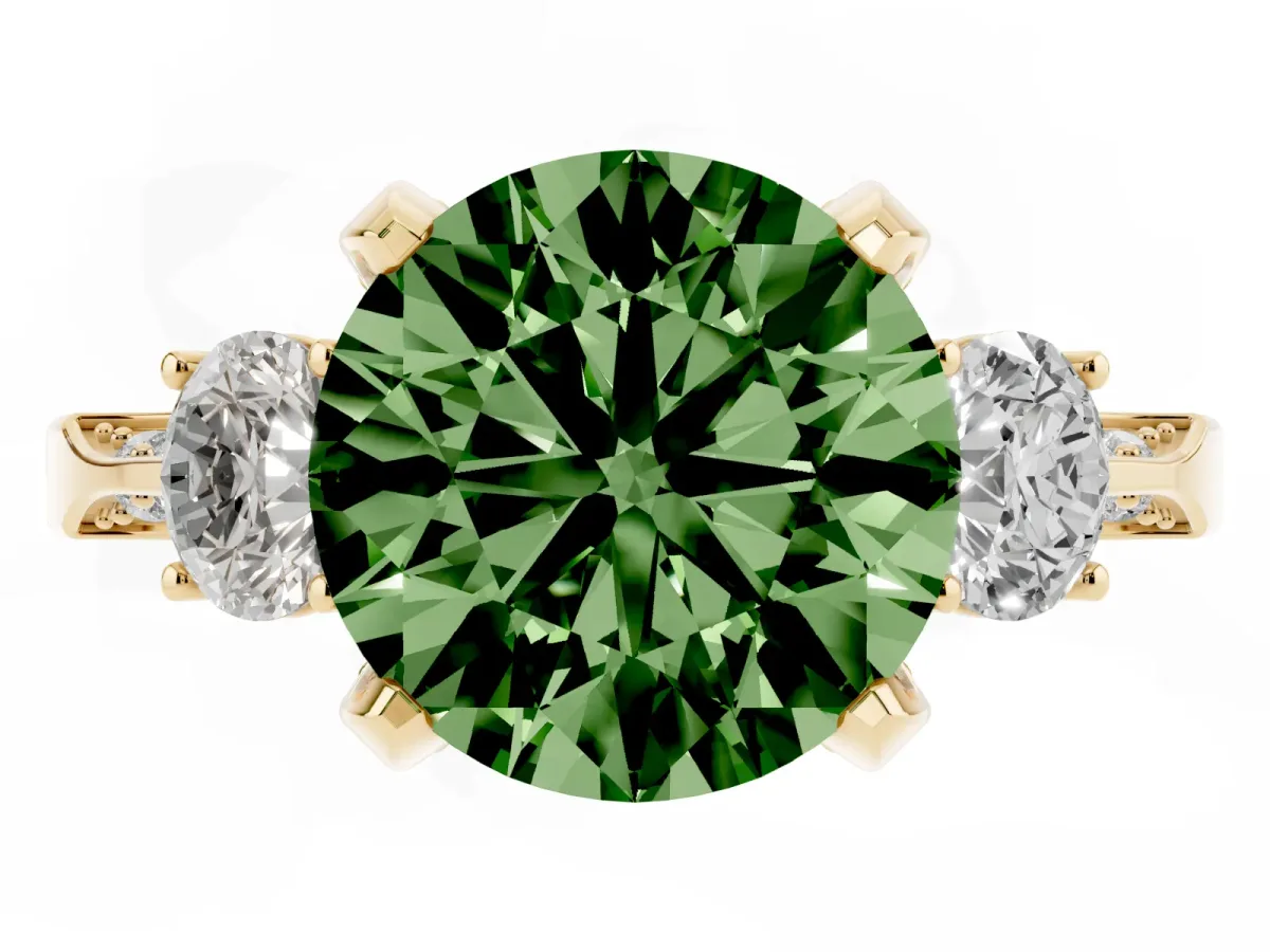 Fancy Green Round Cut Brilliant Three-Stone Diamond Ring with Pavé Band and Four-Prong Setting Yellow gold