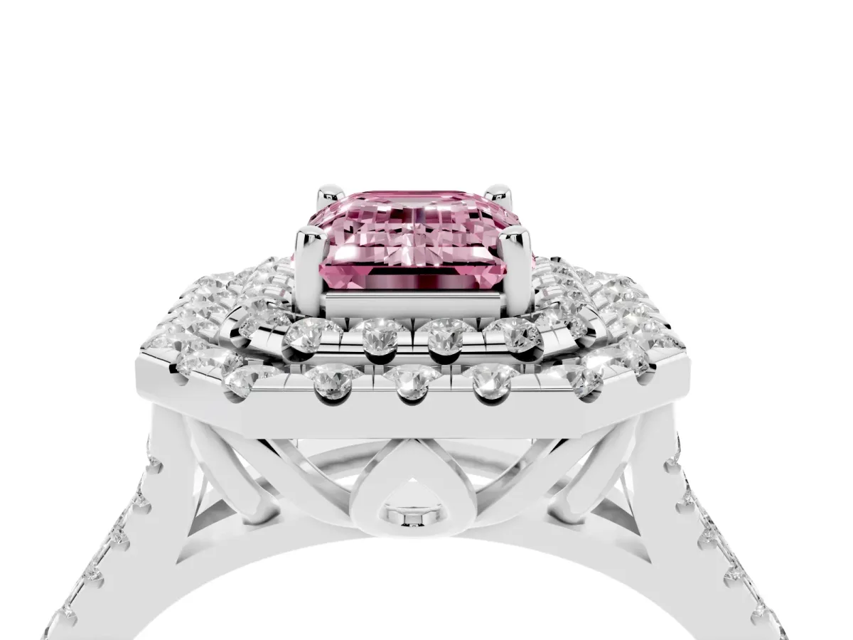 Fancy Pink Double Halo Emerald Cut Diamond Pavé Split Shank Ring with Prong Setting White gold