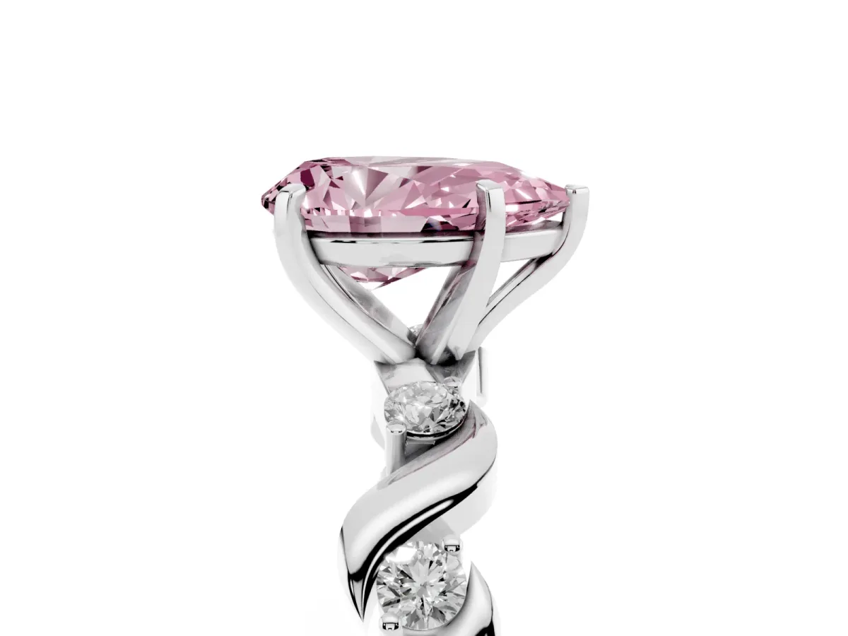 Fancy Pink Pear Cut Diamond Solitaire Twisted Band with Round Accents and Prong Setting Platinum