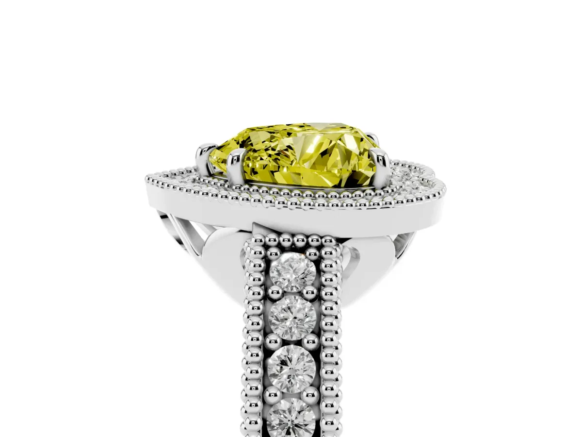 Fancy Yellow Heart Cut Cut Halo Diamond Ring with Pavé Band and Four-Prong Setting White gold