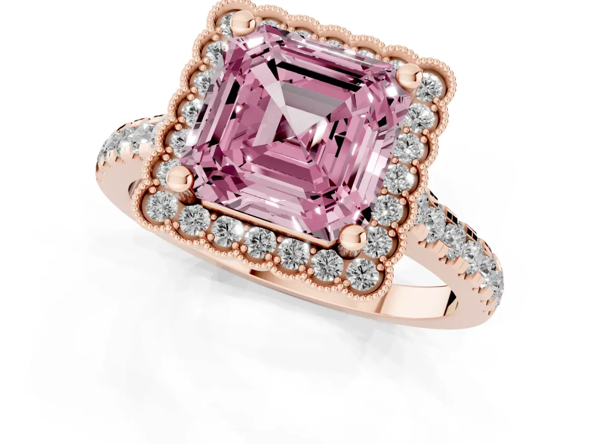 Fancy Pink Asscher Cut Cut Diamond Milgrain Floral Halo Engagement Ring with Pavé Band Rose gold