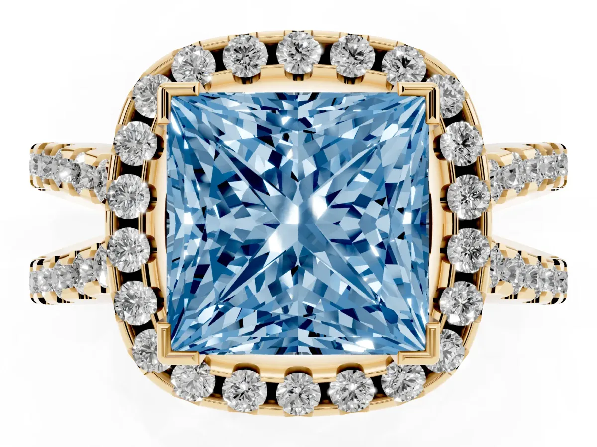 Fancy Blue Princess Cut Diamond Halo Ring with Split Shank Pavé Band and Prong Setting Yellow gold