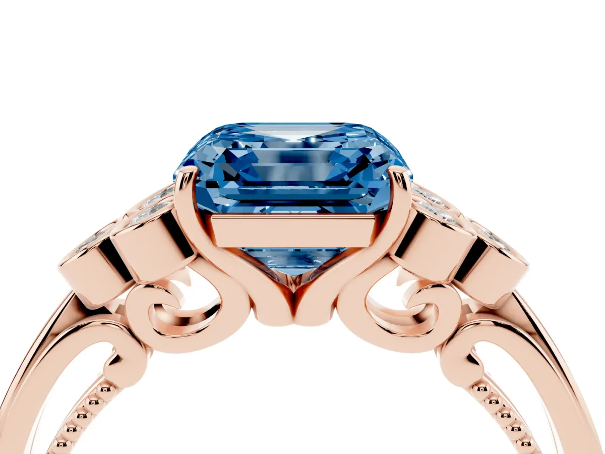 Fancy Blue Asscher Cut Cut Diamond Engagement Ring with Bezel Set Round Side Stones and Prong Setting Rose gold