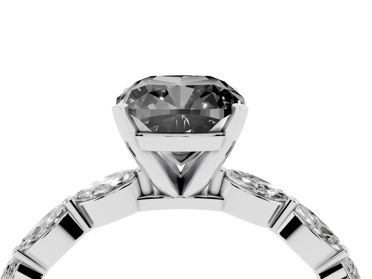 Fancy Black Cushion Cut Diamond Ring with Marquise Side Stones and Prong Setting Platinum