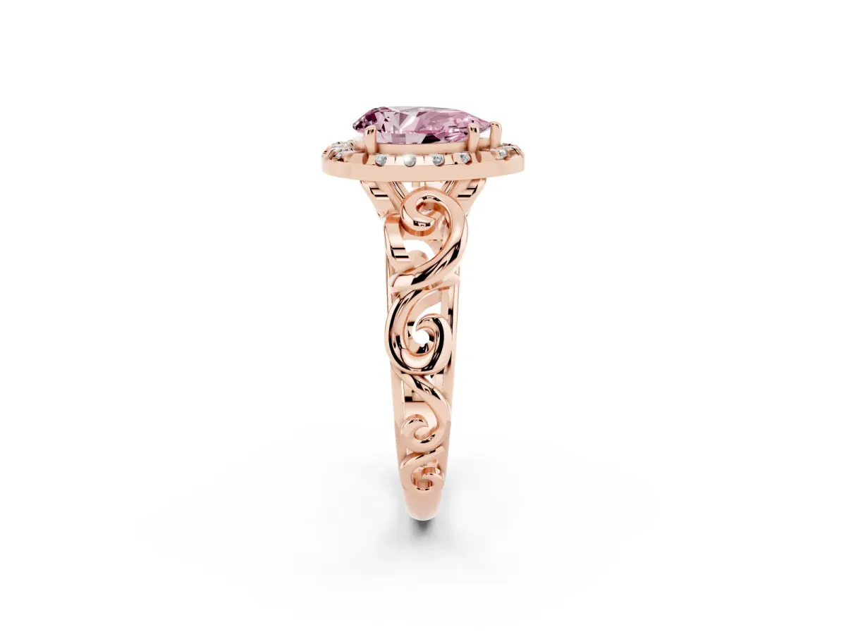 Fancy Pink Pear Cut Cut Halo Diamond Ring with Scrollwork Band and Four-Prong Setting Rose gold