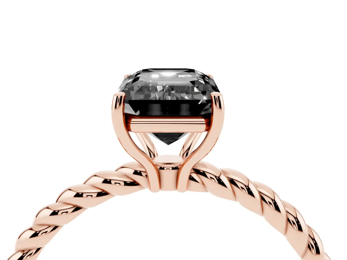 Fancy Black Emerald Cut Solitaire Twisted Band 4-Prong Ring Rose gold
