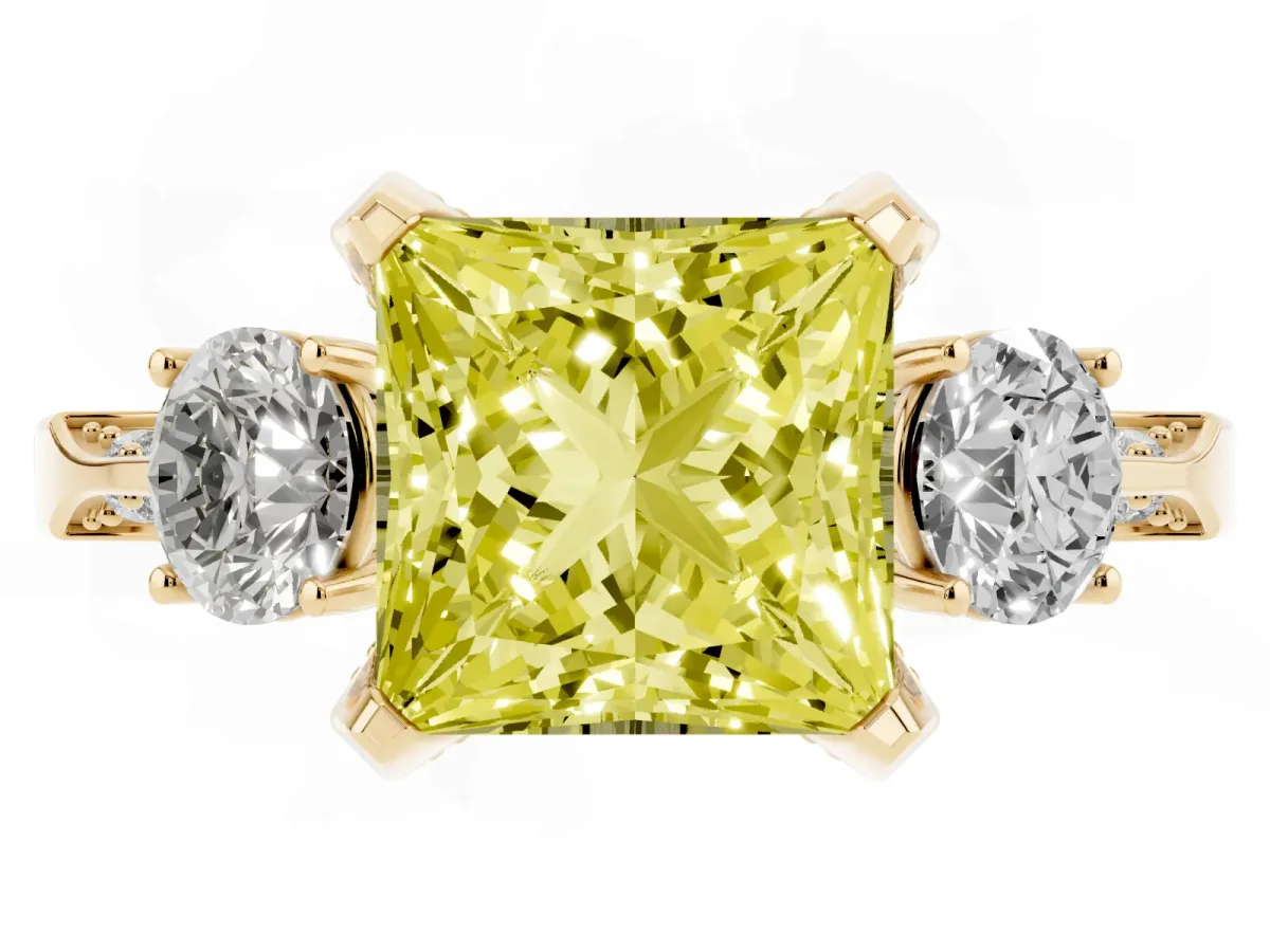 Fancy Yellow Princess Cut Brilliant Three-Stone Diamond Ring with Pavé Band and Four-Prong Setting Yellow gold