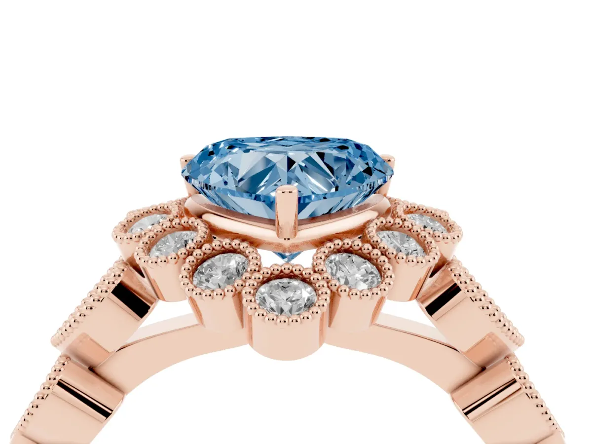 Fancy Blue Heart Cut Brilliant Milgrain Pave Heart Band Solitaire Ring Rose gold