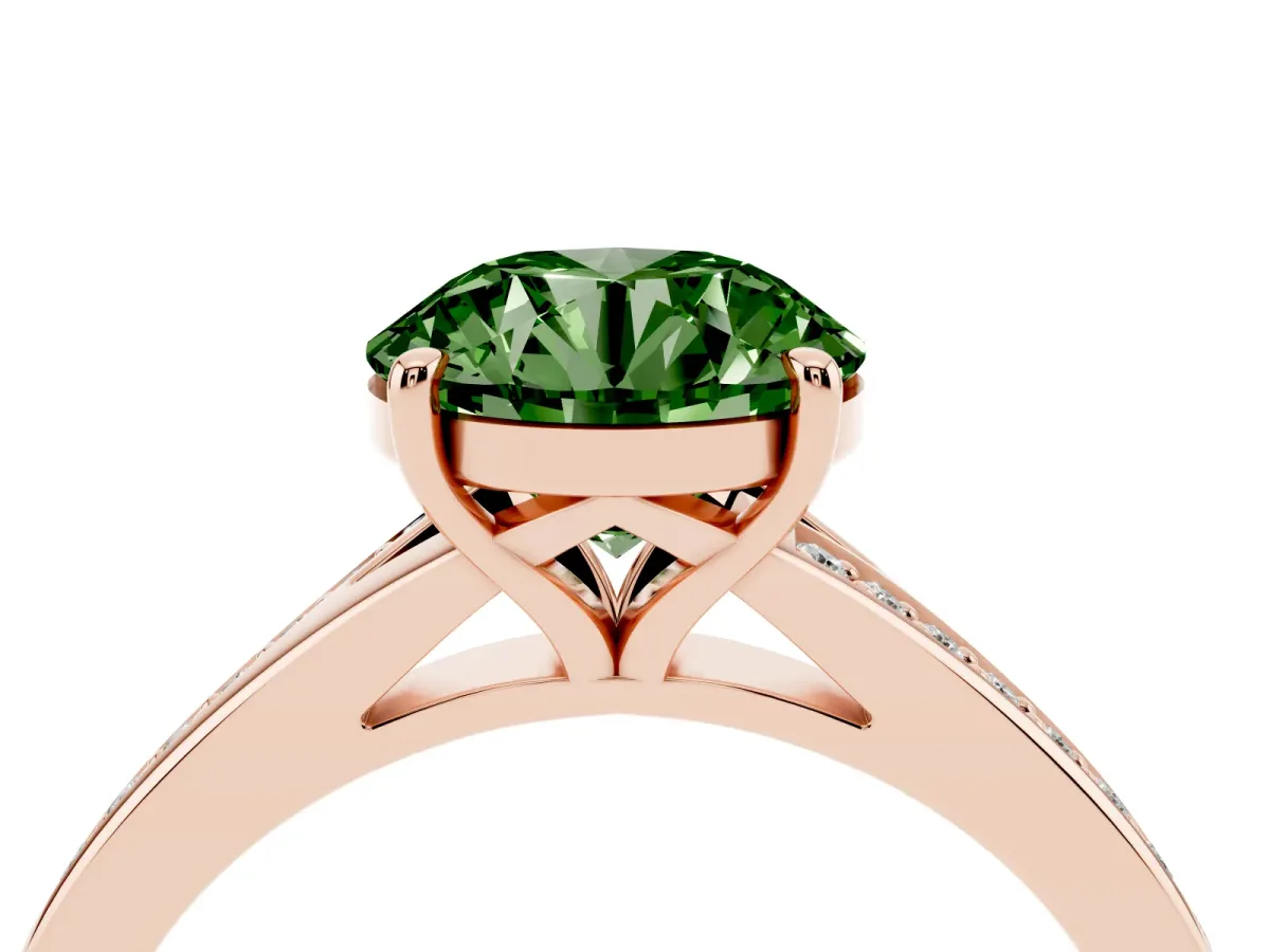 Fancy Green Round Cut Diamond Solitaire Ring with Pavé Band and Prong Setting Rose gold