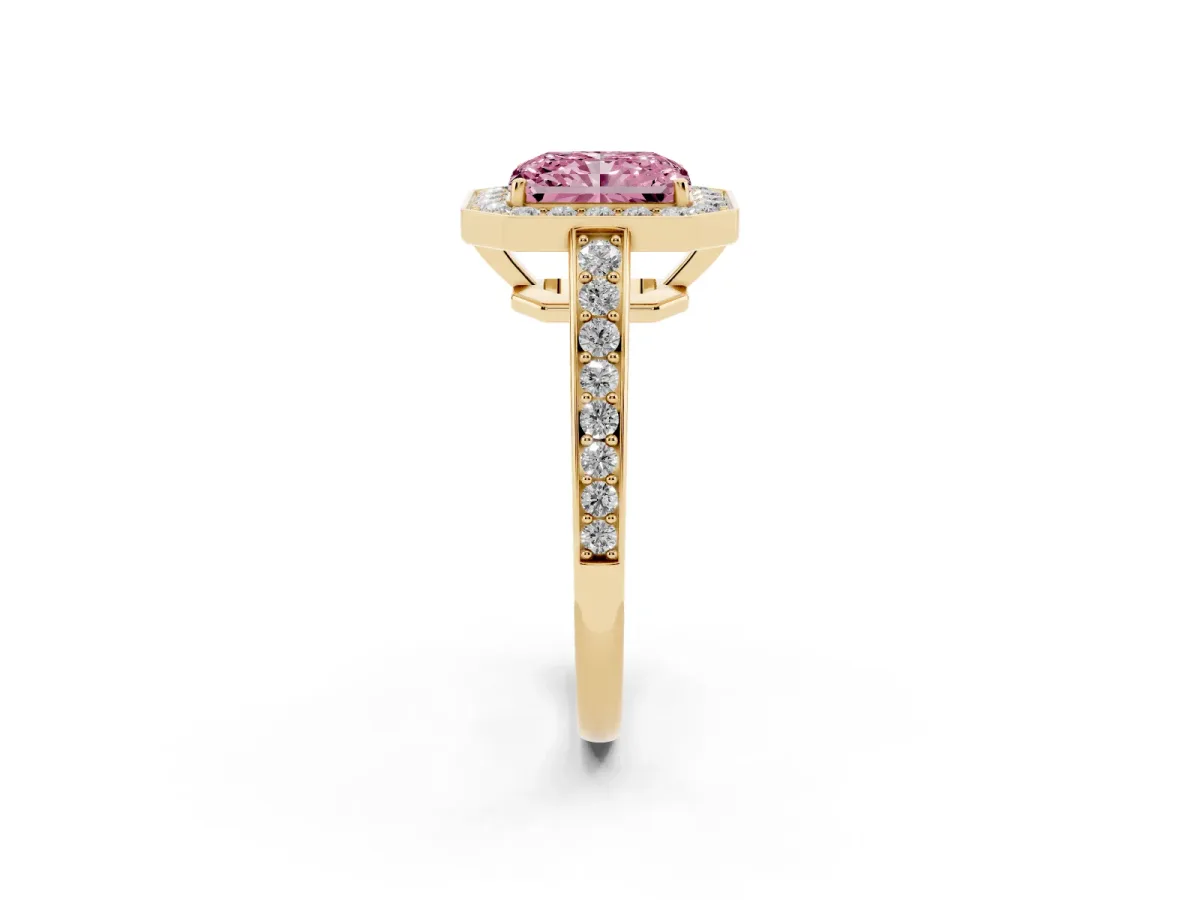 Fancy Pink Radiant Cut Halo Pavé Diamond Engagement Ring with Bezel Setting Yellow gold