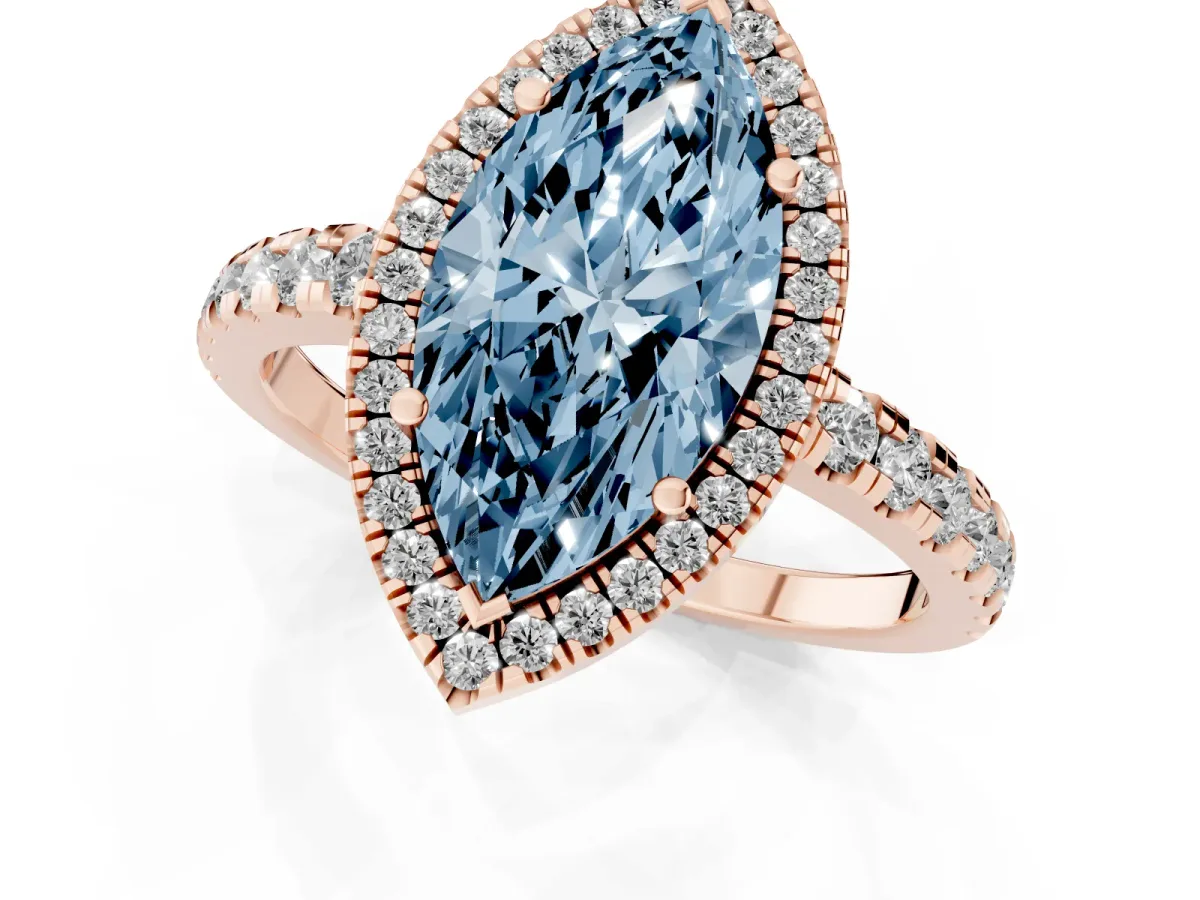 Fancy Blue Marquise Cut Diamond Halo Ring with Pavé Band and Four-Prong Setting Rose gold
