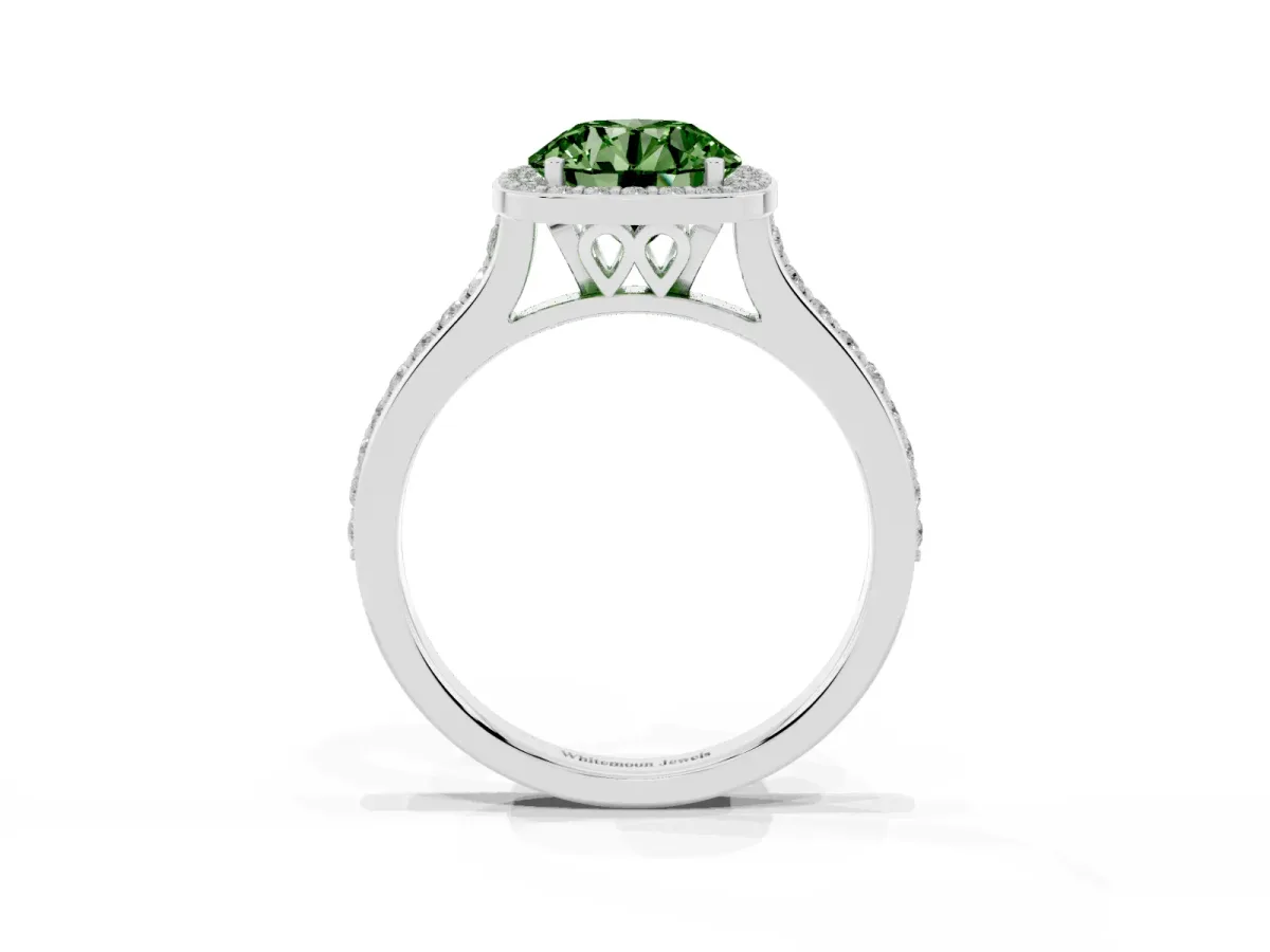 Fancy Green Round Cut Diamond Halo Engagement Ring with Round Pavé Shoulders and Prong Setting Silver