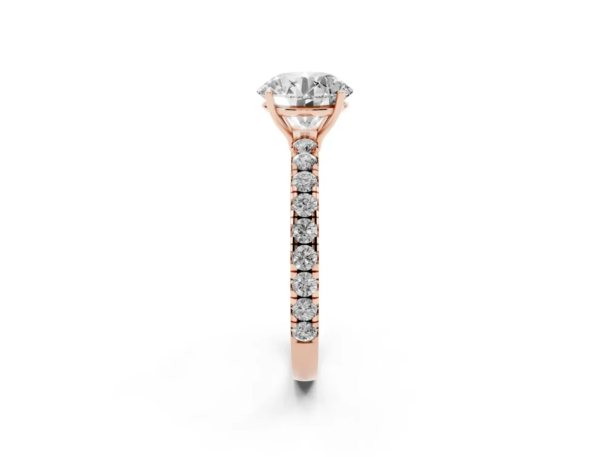 Round Cut Diamond Pavé Solitaire Engagement Ring with Four-Prong Setting Rose gold