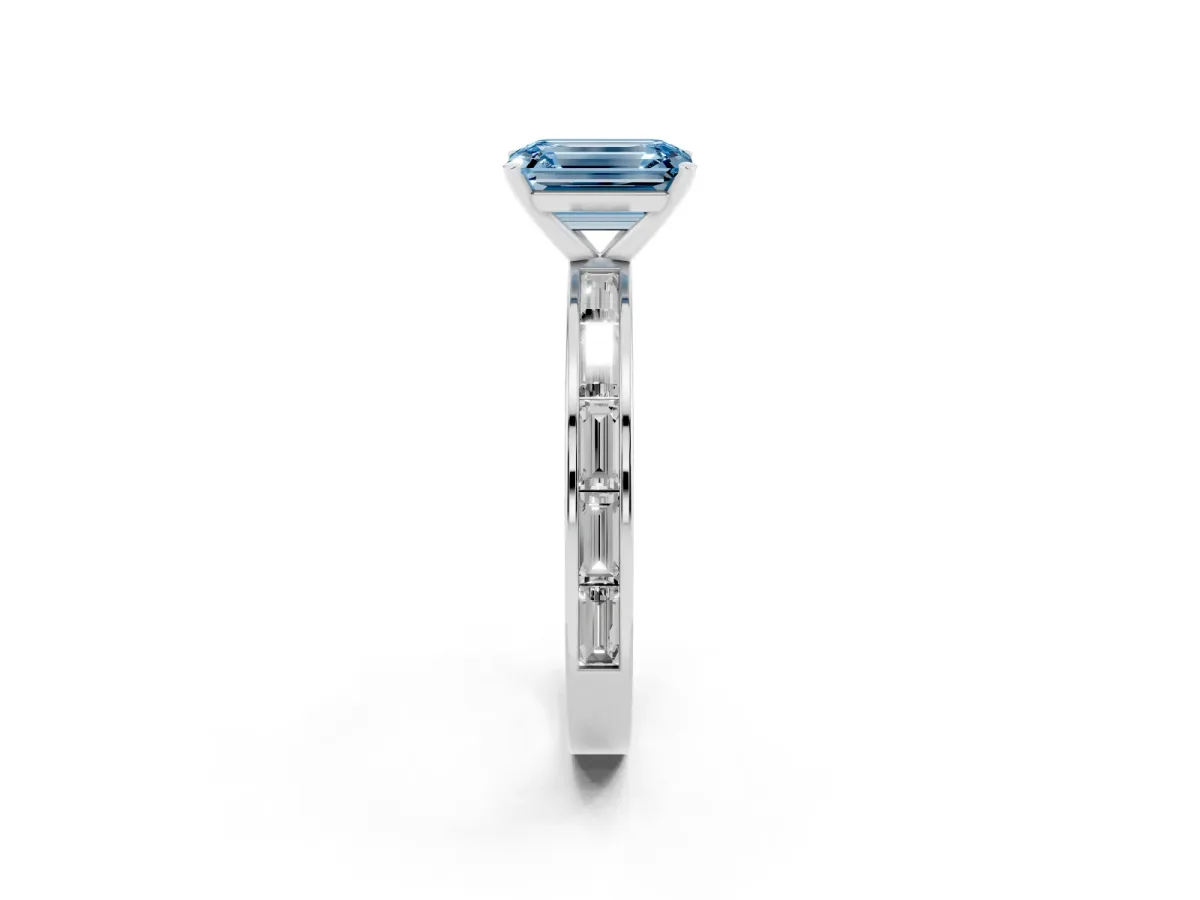 Fancy Blue Emerald Cut Solitaire Diamond Ring with Channel-Set Baguette Band and Four-Prong Setting White gold