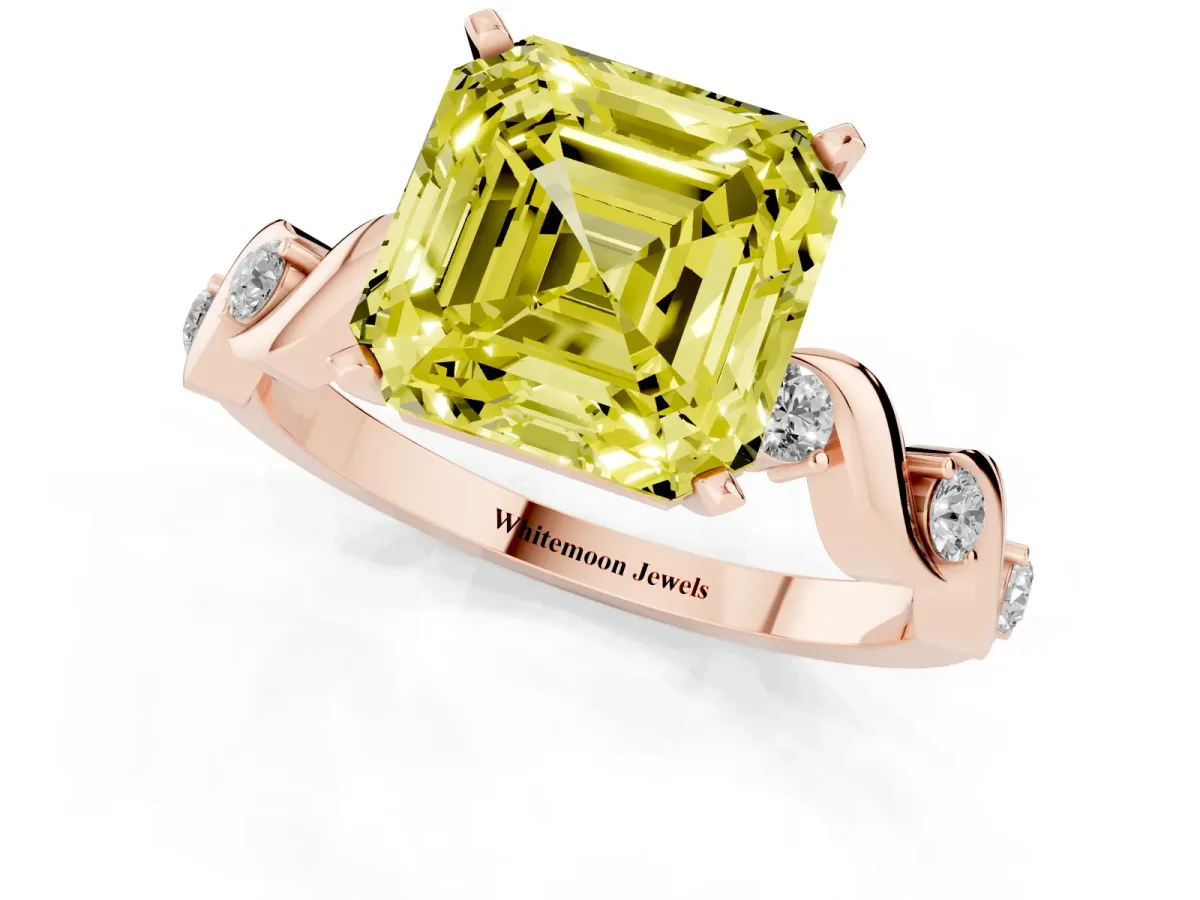 Fancy Yellow Asscher Cut Diamond Solitaire Twisted Band with Round Accents and Prong Setting Rose gold