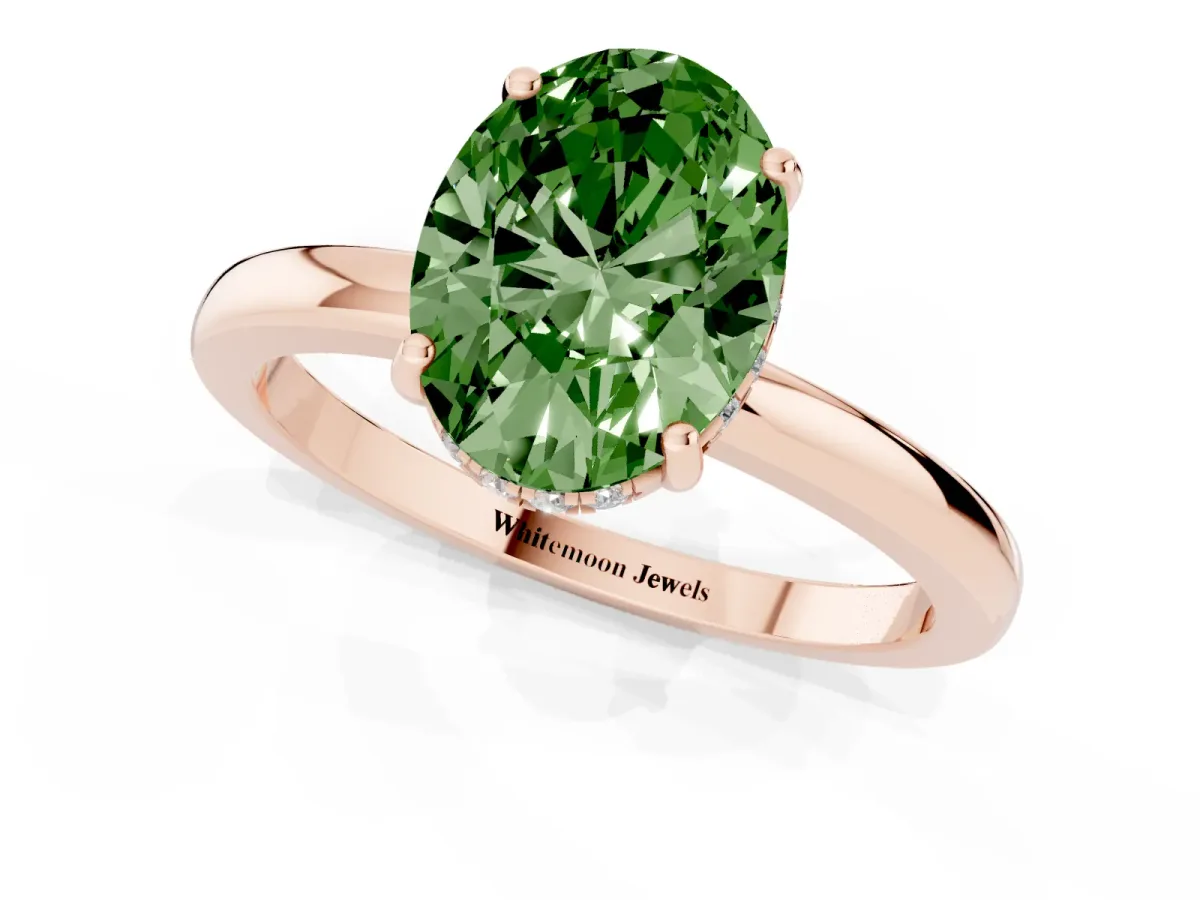 Fancy Green Oval Cut Solitaire Diamond Ring with Prong Setting and Plain Band Rose gold