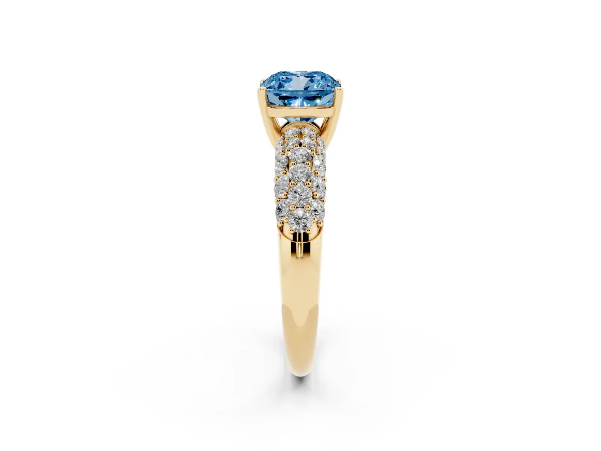 Fancy Blue Cushion Cut Diamond Pavé Band Solitaire Ring with Four-Prong Setting Yellow gold