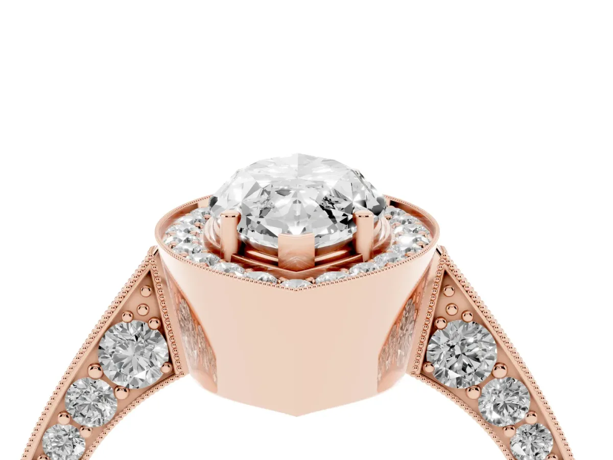Marquise Cut Halo Diamond Engagement Ring with Split Shank Band and Four-Prong Setting Rose gold