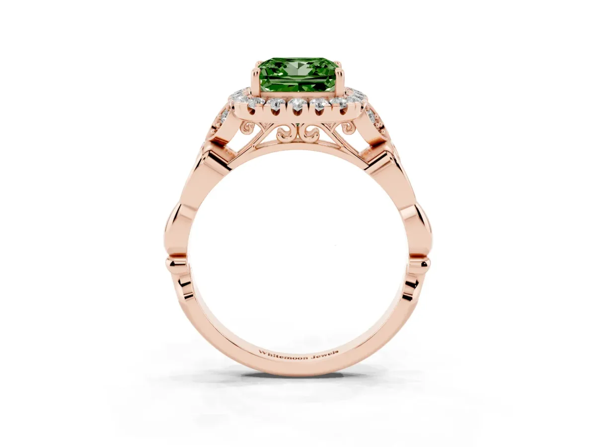 Fancy Green Princess Cut Halo Diamond Engagement Ring with Vintage-Inspired Band and Four-Prong Setting Rose gold
