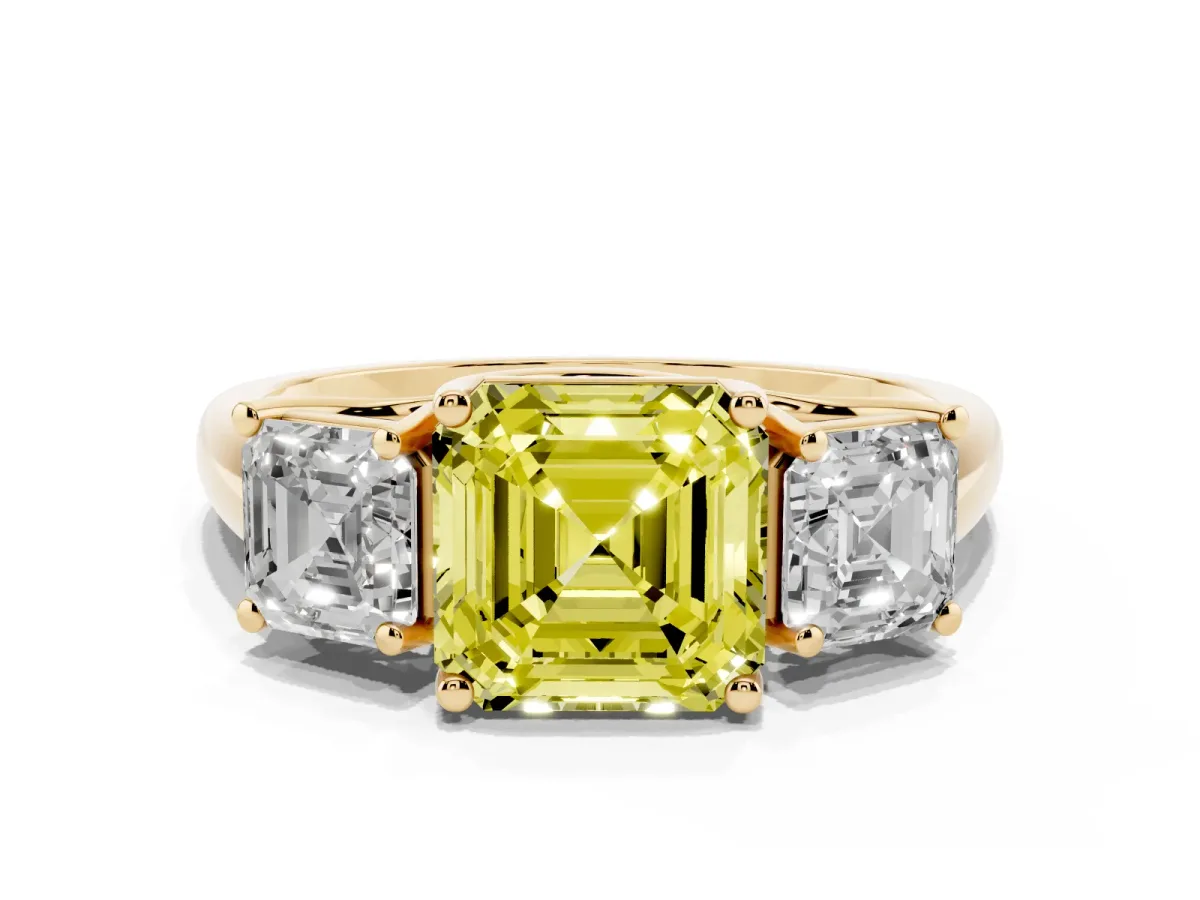 Fancy Yellow Three-Stone Asscher Cut Diamond Engagement Ring with Prong Setting Yellow gold
