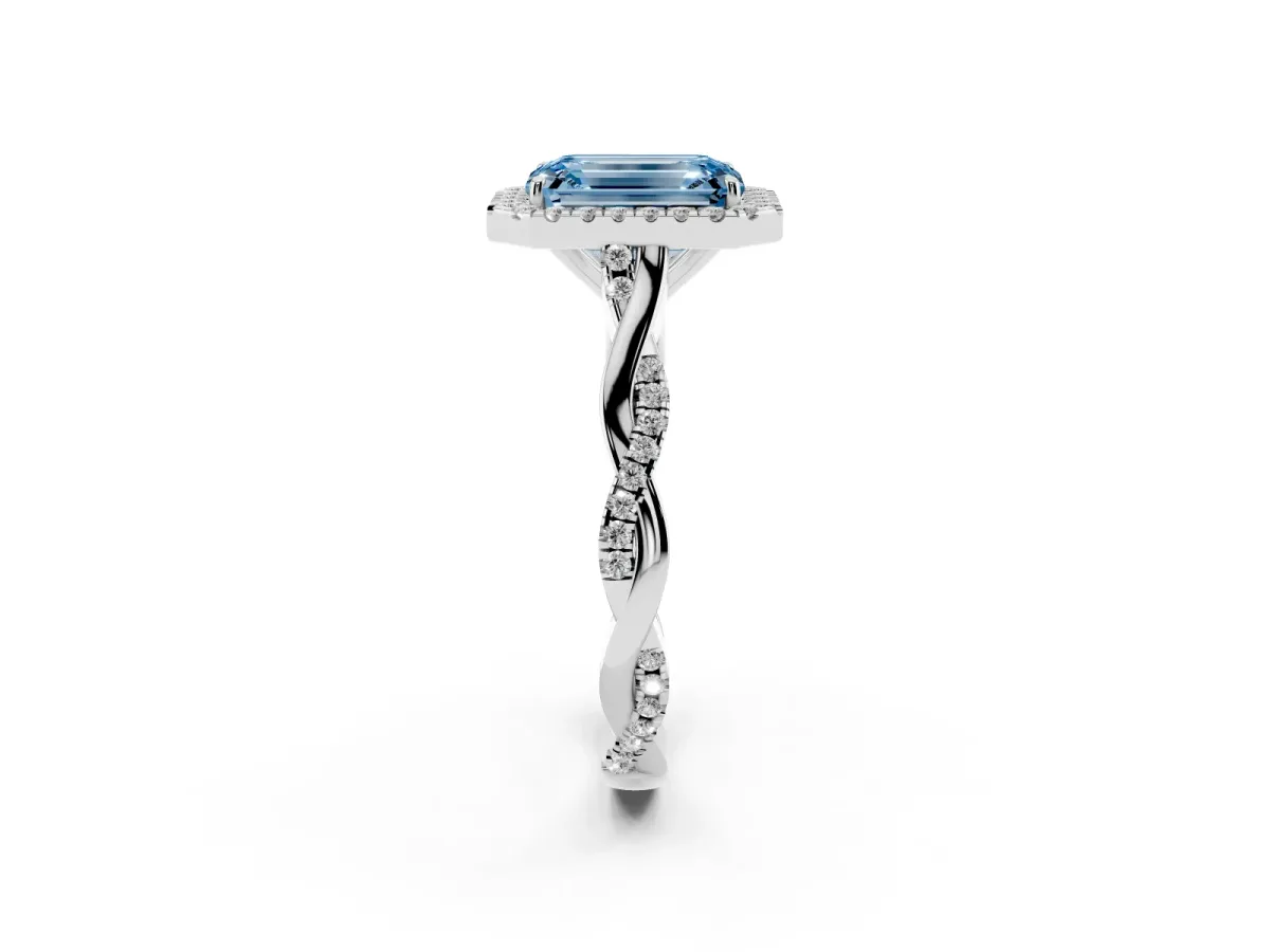 Fancy Blue Emerald Cut Halo Twist Band Solitaire Ring Silver