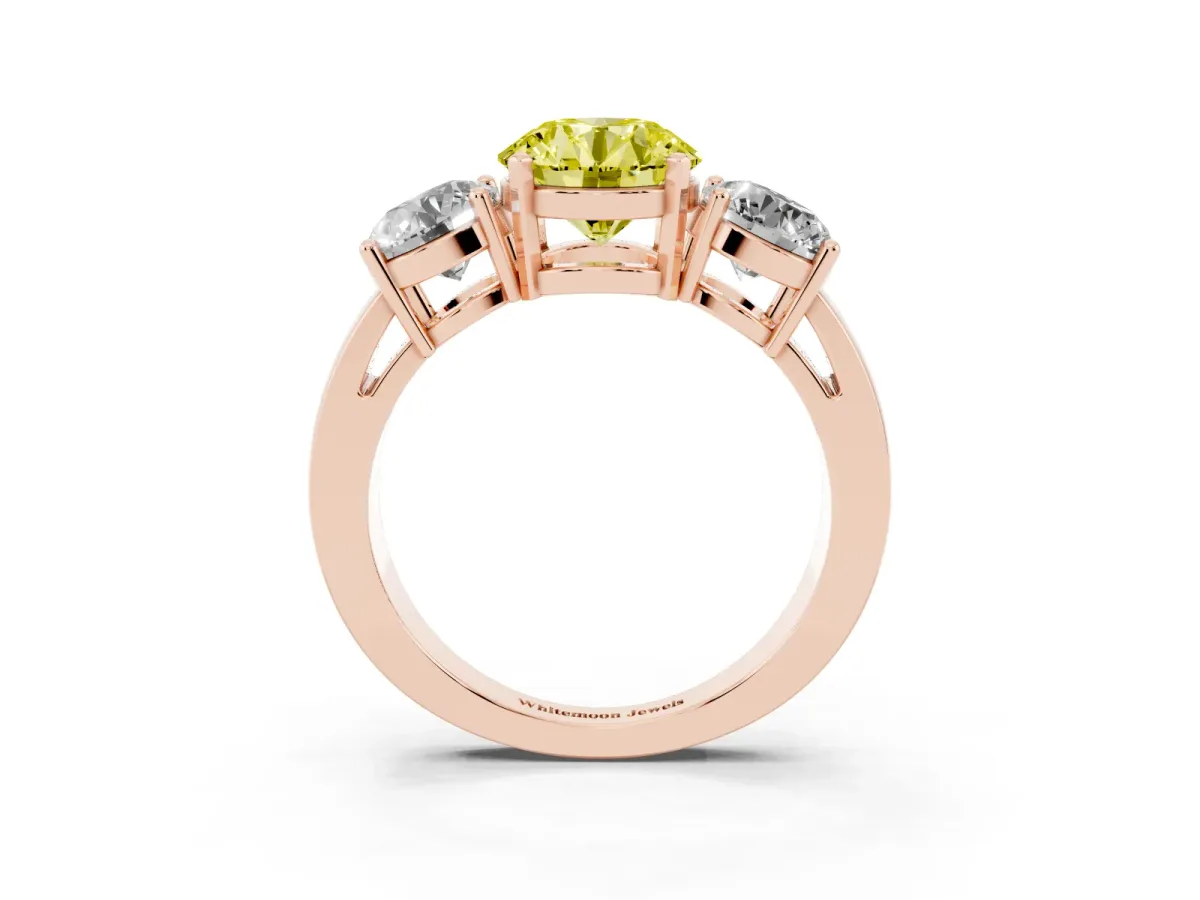 Fancy Yellow Three-Stone Round Cut Diamond Ring with Round Side Stones, Classic Band, and Four-Prong Setting Rose gold