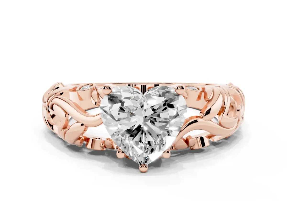 Heart Cut Solitaire Diamond Leaf-Inspired Vine Band Ring with Prong Setting Rose gold
