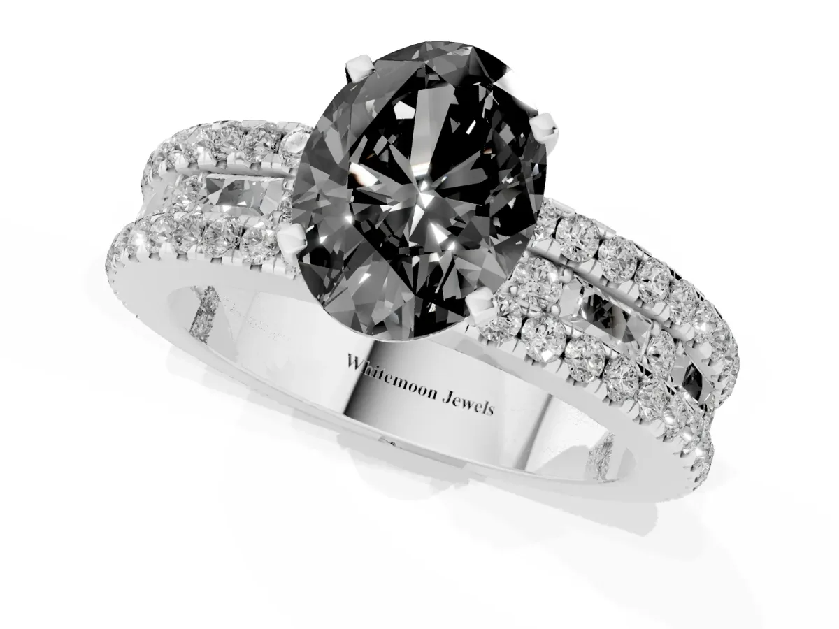 Fancy Black Oval Cut Diamond Solitaire Ring with Pavé and Channel Set Band Silver