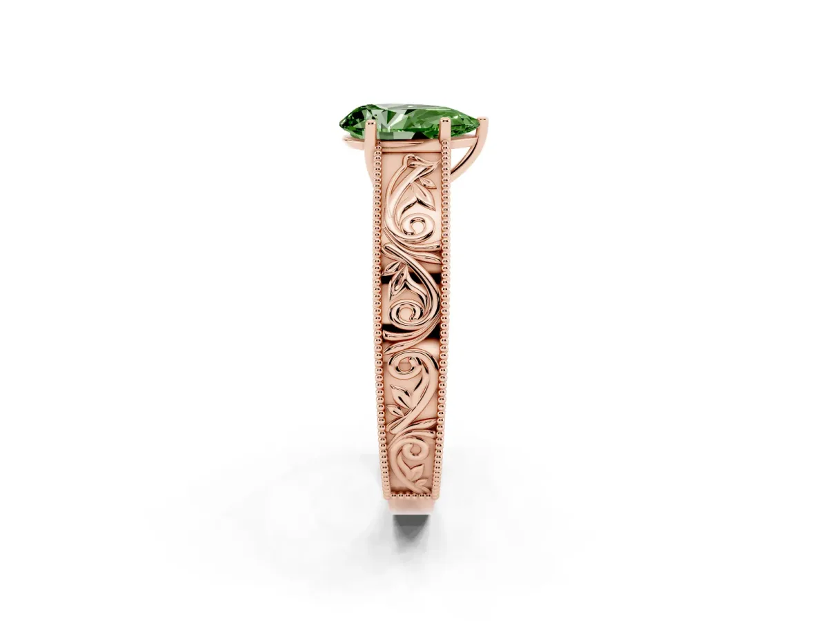 Fancy Green Pear Cut Diamond Solitaire Ring with Engraved Band and Four-Prong Setting Rose gold