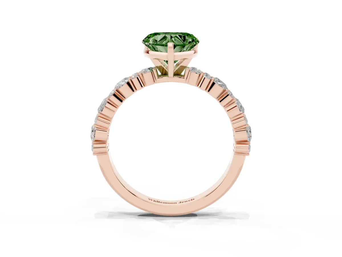 Fancy Green Heart Cut Diamond Side Stone Solitaire Ring with Round and Four-Prong Setting Rose gold