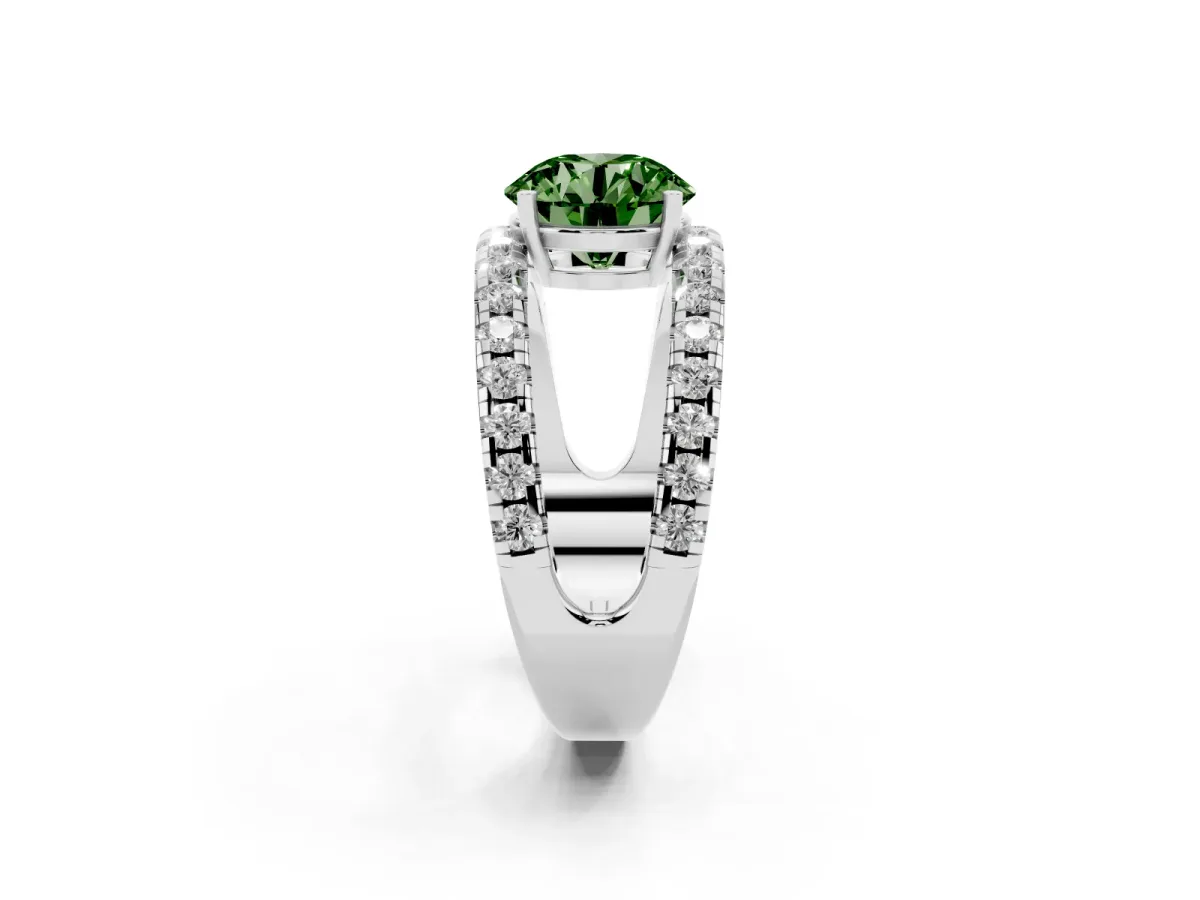 Fancy Green Round Cut Solitaire Split Shank Pave Diamond Ring Silver