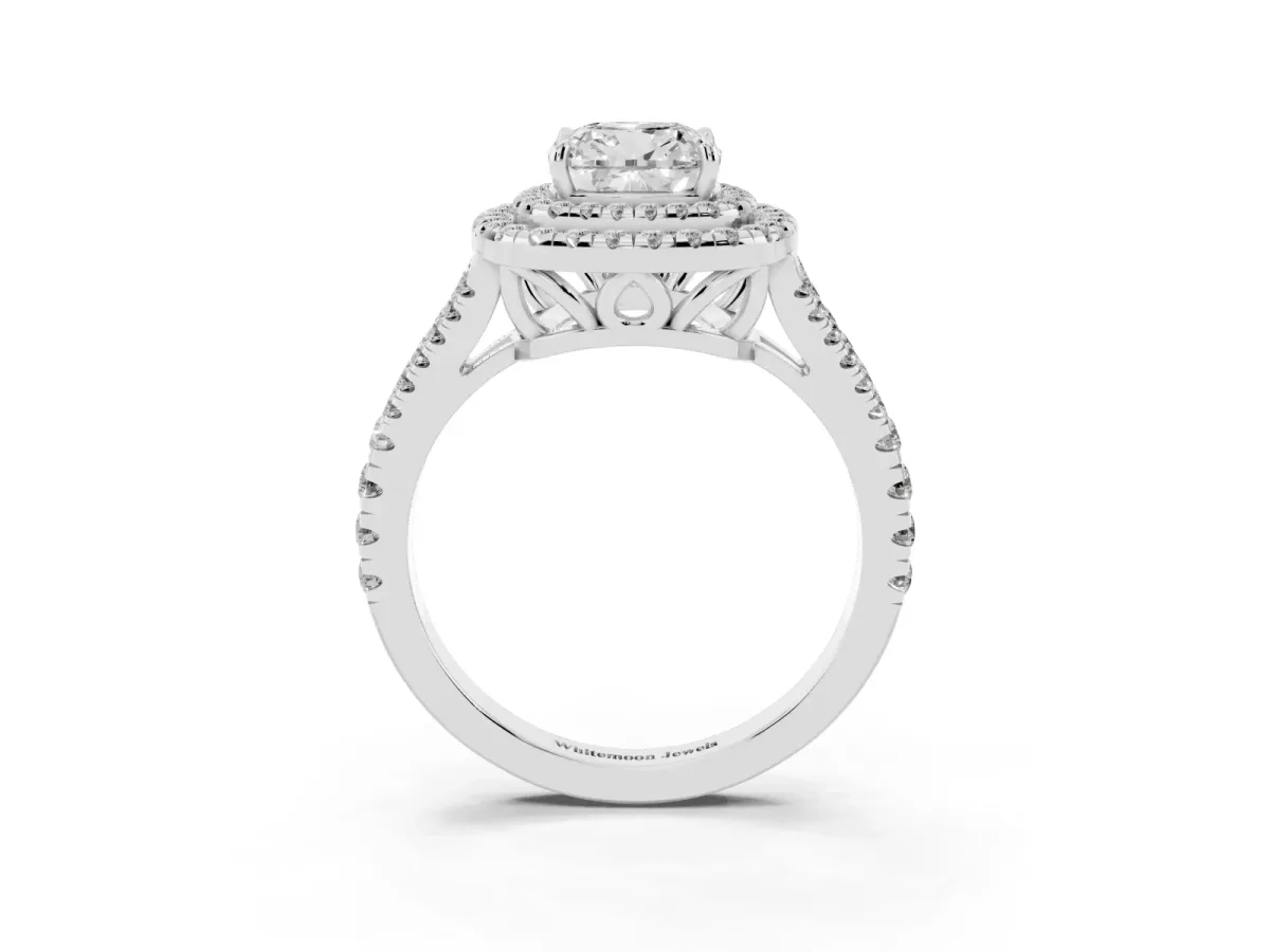 Cushion Cut Diamond Double Halo Ring with Pavé Band and Prong Setting Platinum