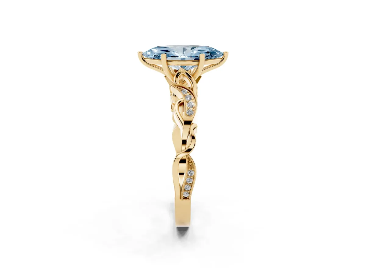 Fancy Blue Marquise Cut Solitaire Vine Band with Milgrain Prong Setting Yellow gold