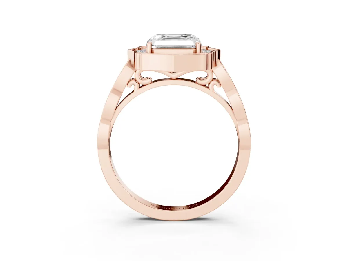 Asscher Cut Halo Diamond Engagement Ring with Milgrain Band and Four-Prong Setting Rose gold