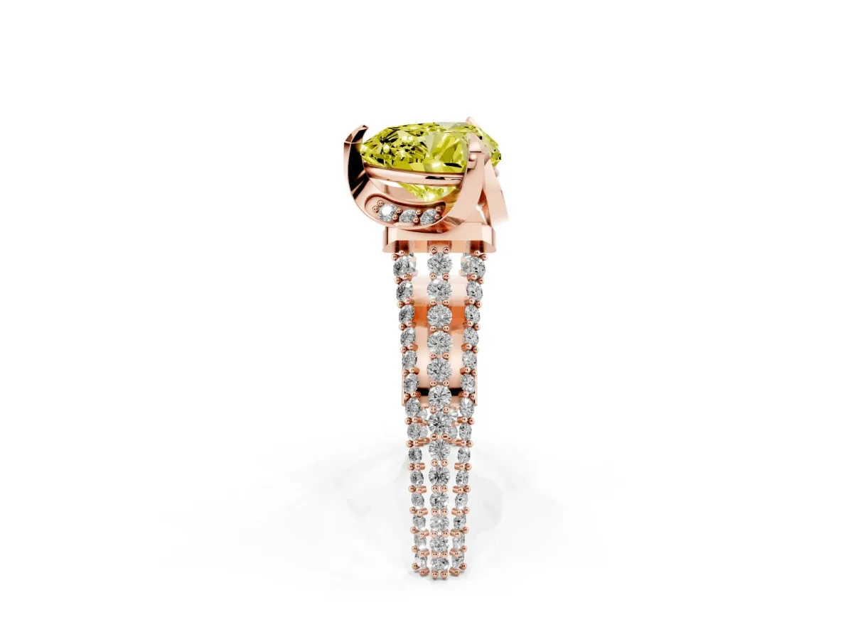 Fancy Yellow Heart Cut Solitaire Pave Split Shank Ring with Four-Prong Setting Rose gold