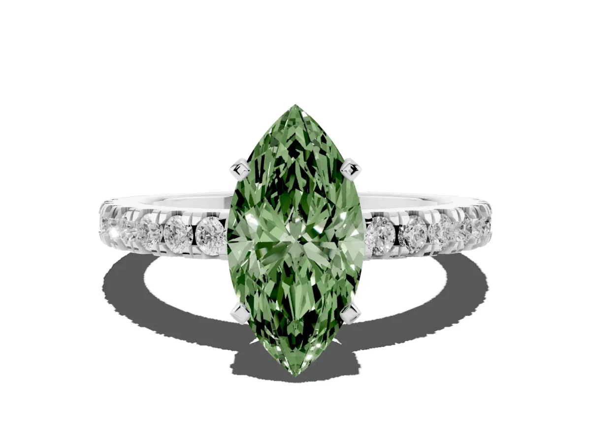 Fancy Green Marquise Cut Solitaire Diamond with Pavé Band and Four-Prong Setting White gold