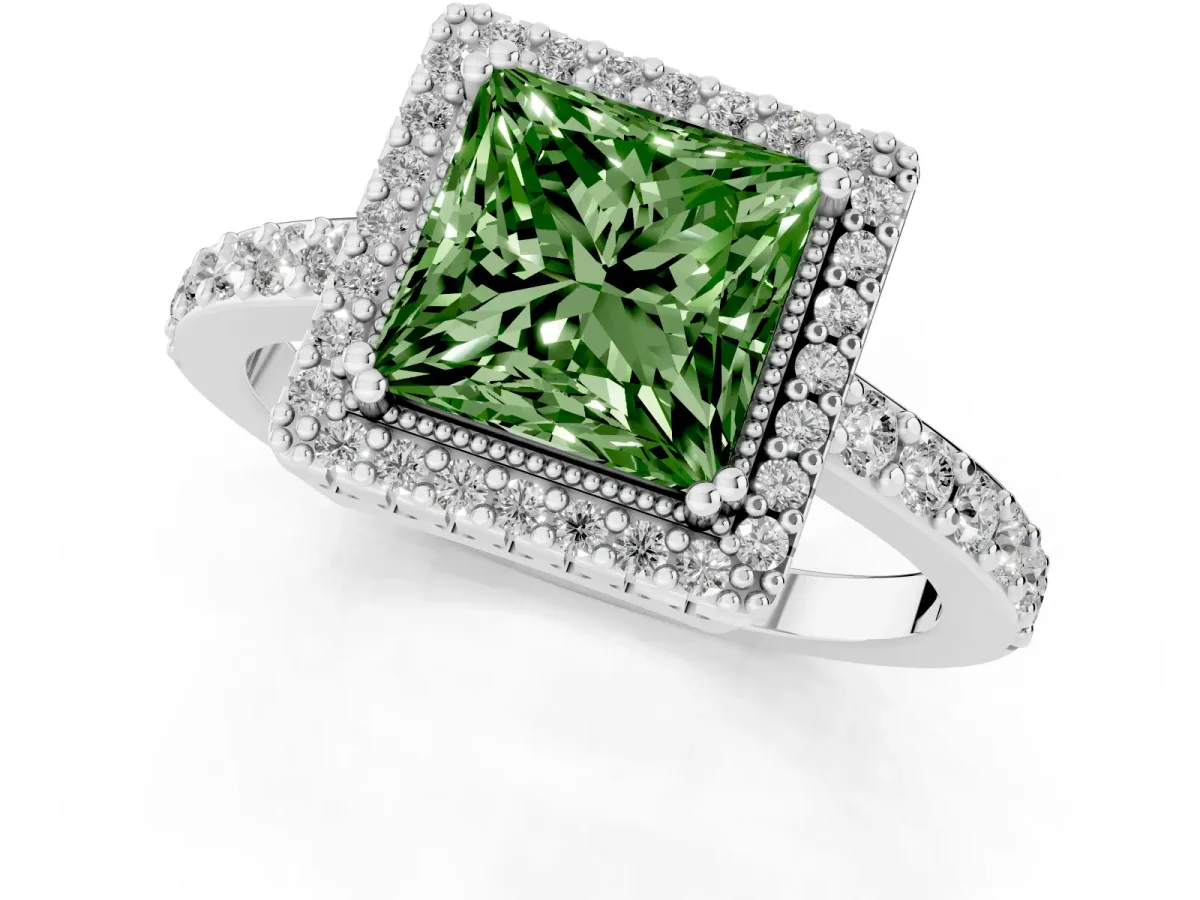 Fancy Green Princess Cut Cut Diamond Halo Engagement Ring with Milgrain Detail and Pavé Band Platinum
