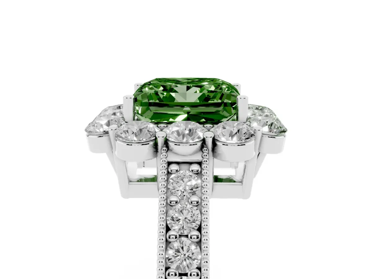 Fancy Green Princess Cut Cut Halo Diamond Pavé Engagement Ring with Milgrain Detailing Silver