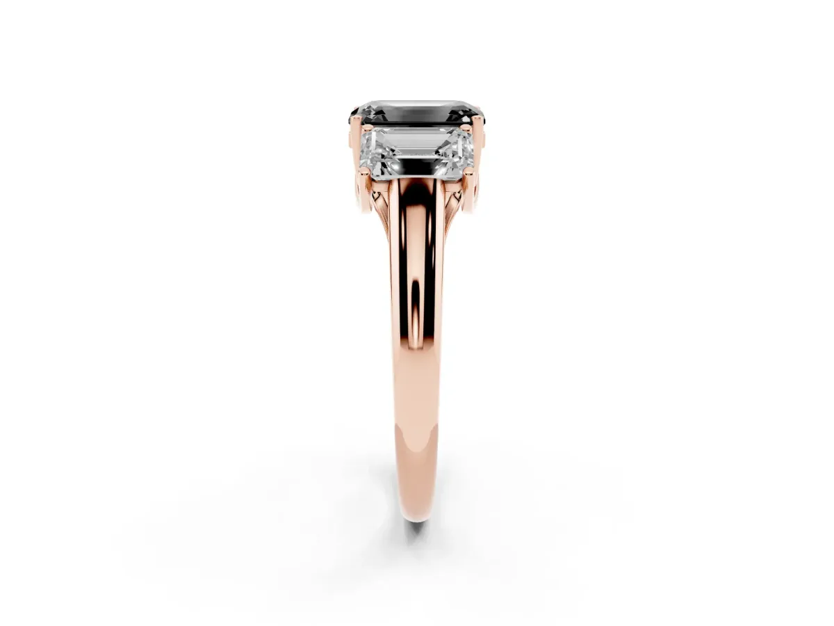 Fancy Black Three-Stone Emerald Cut Diamond Engagement Ring with Prong Setting Rose gold