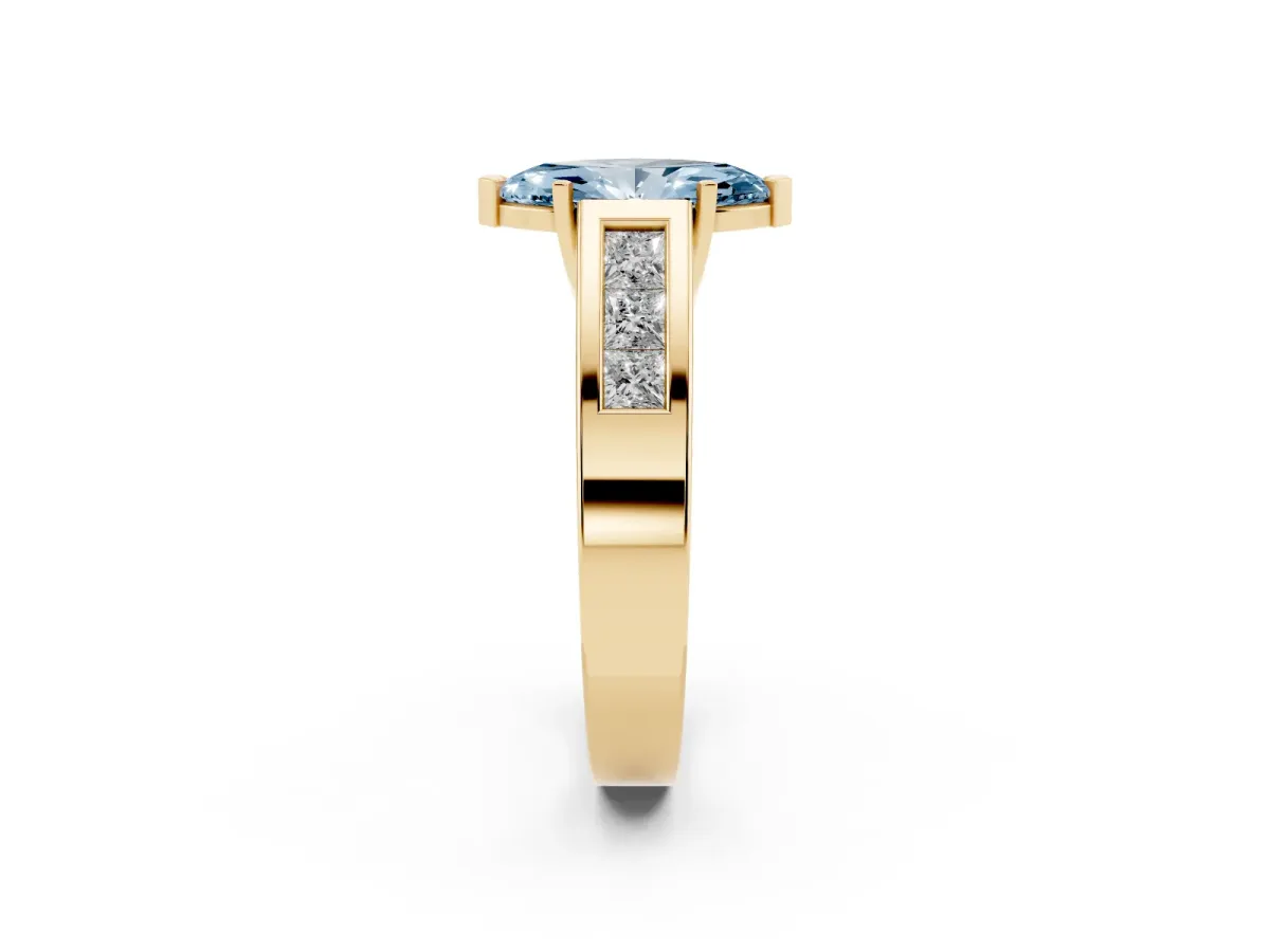 Fancy Blue Marquise Cut Cut Channel Set Solitaire Ring with Four-Prong Setting Yellow gold