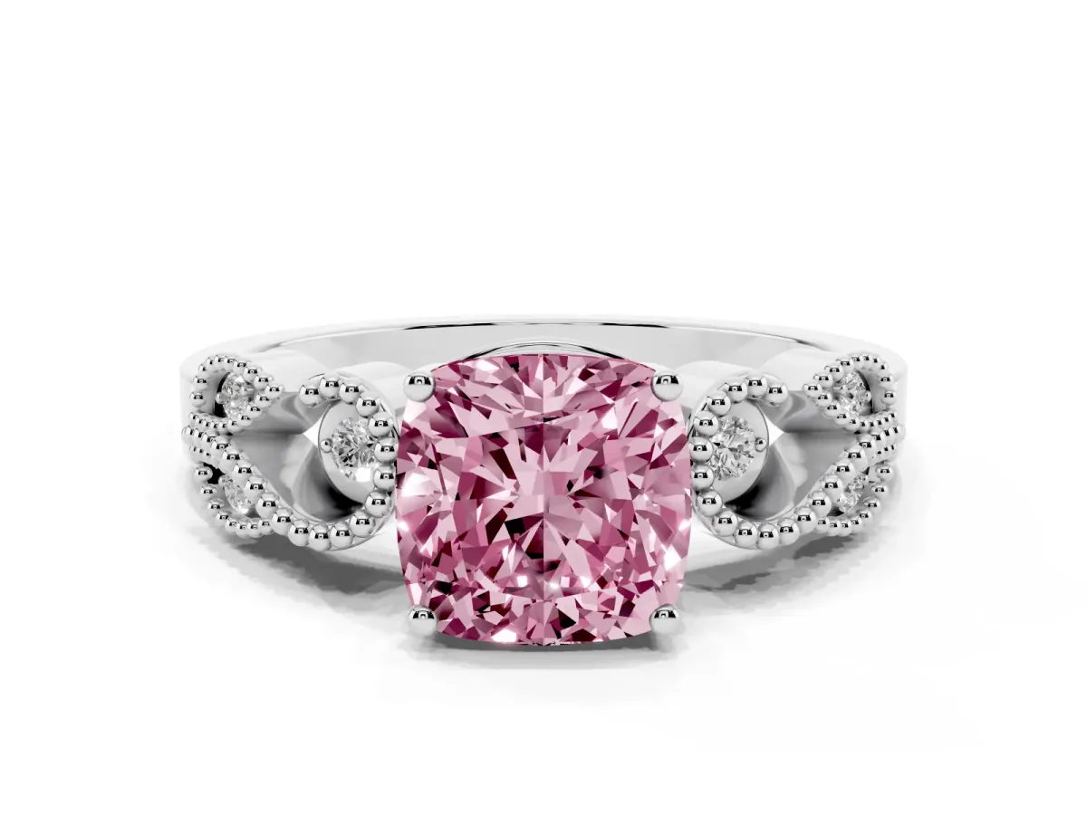 Fancy Pink Cushion Cut Solitaire Milgrain Leaf Band with Prong Setting Silver