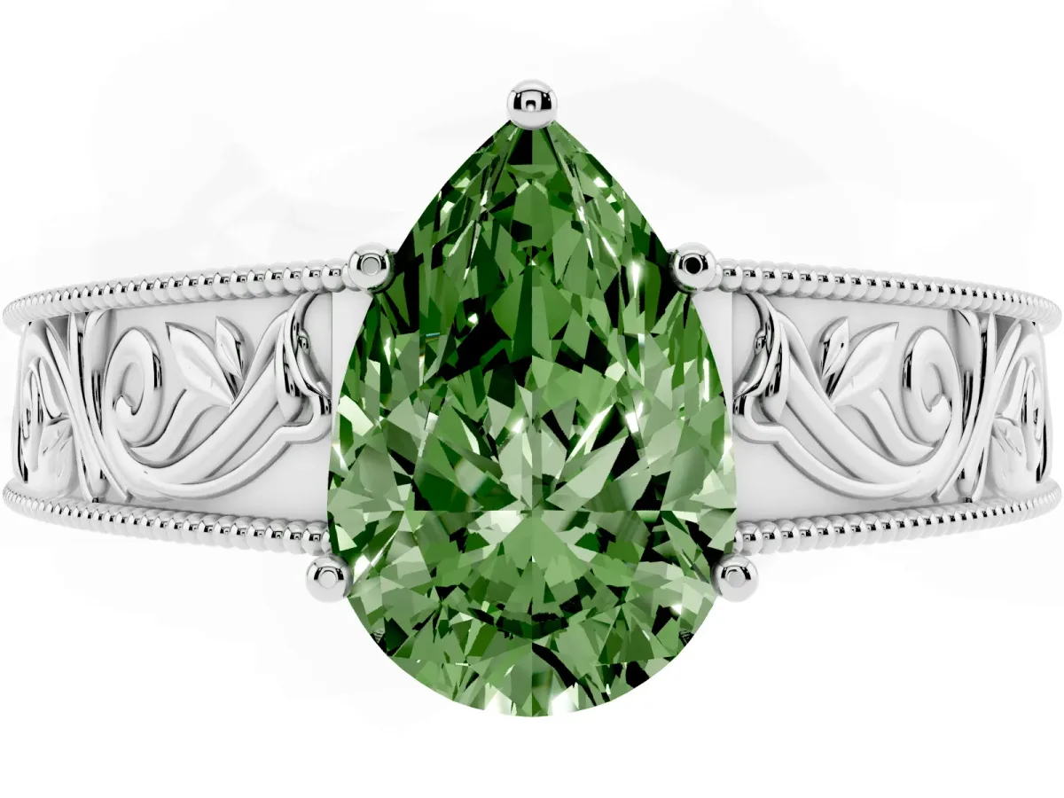 Fancy Green Pear Cut Diamond Solitaire Ring with Engraved Band and Four-Prong Setting Silver