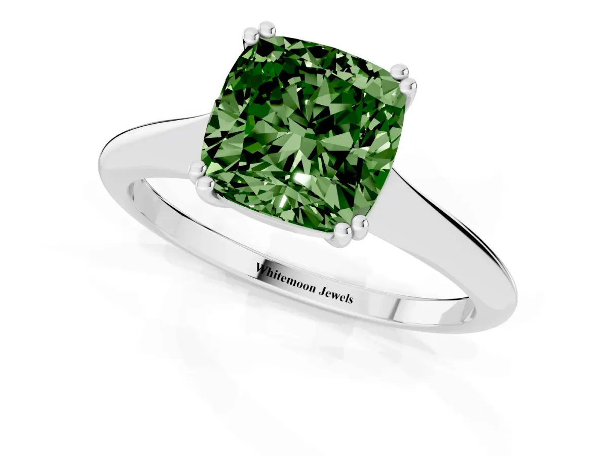 Fancy Green Cushion Cut Solitaire Diamond Ring with Six-Prong Setting and Classic Band Silver