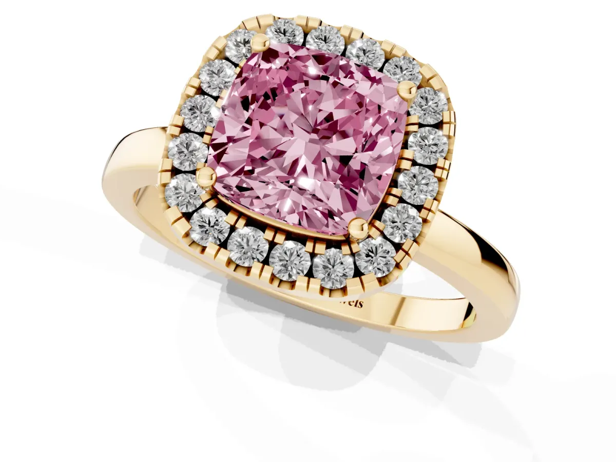 Fancy Pink Cushion Cut Halo Diamond Solitaire with Pavé Band and Four-Prong Setting Yellow gold