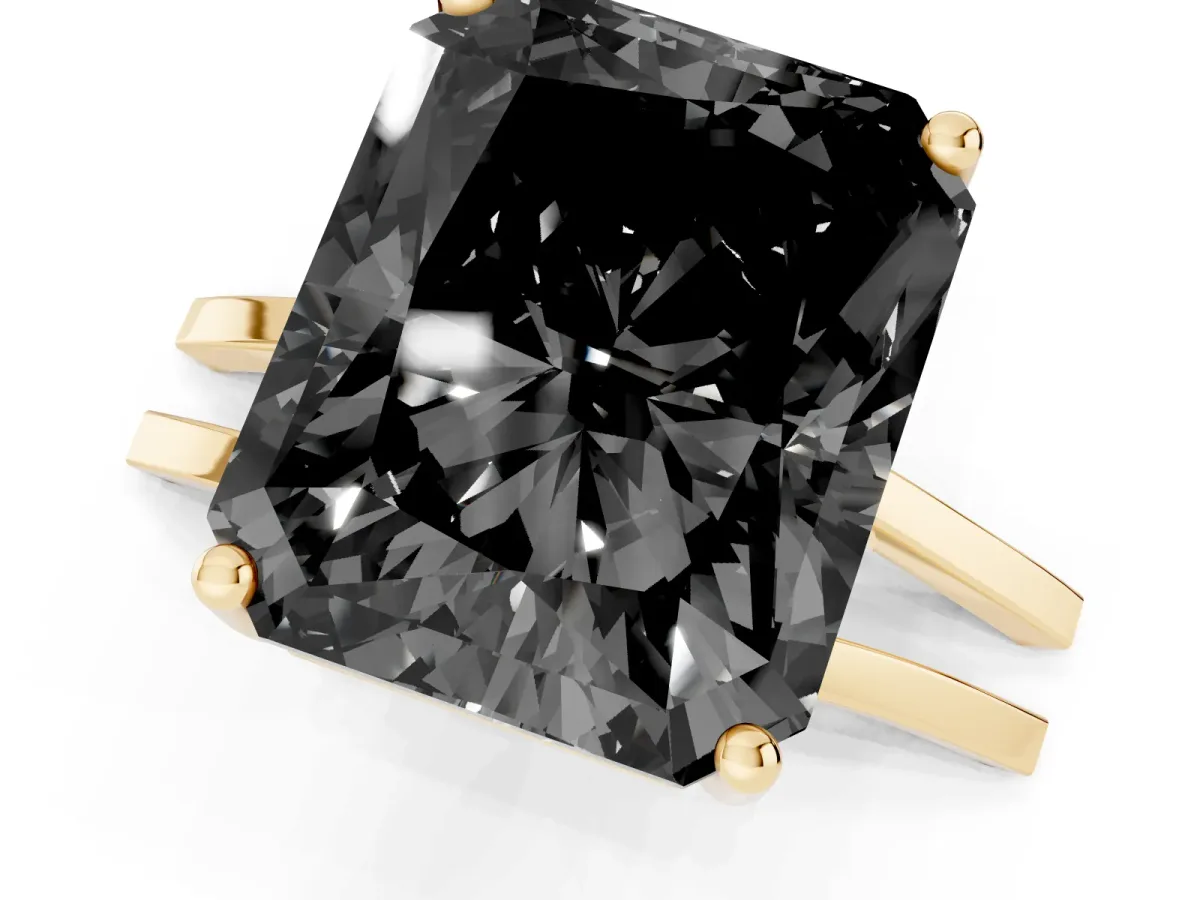 Fancy Black Radiant Cut Cut Diamond Solitaire Engagement Ring with Tapered Plain Band and Four-Prong Setting Yellow gold
