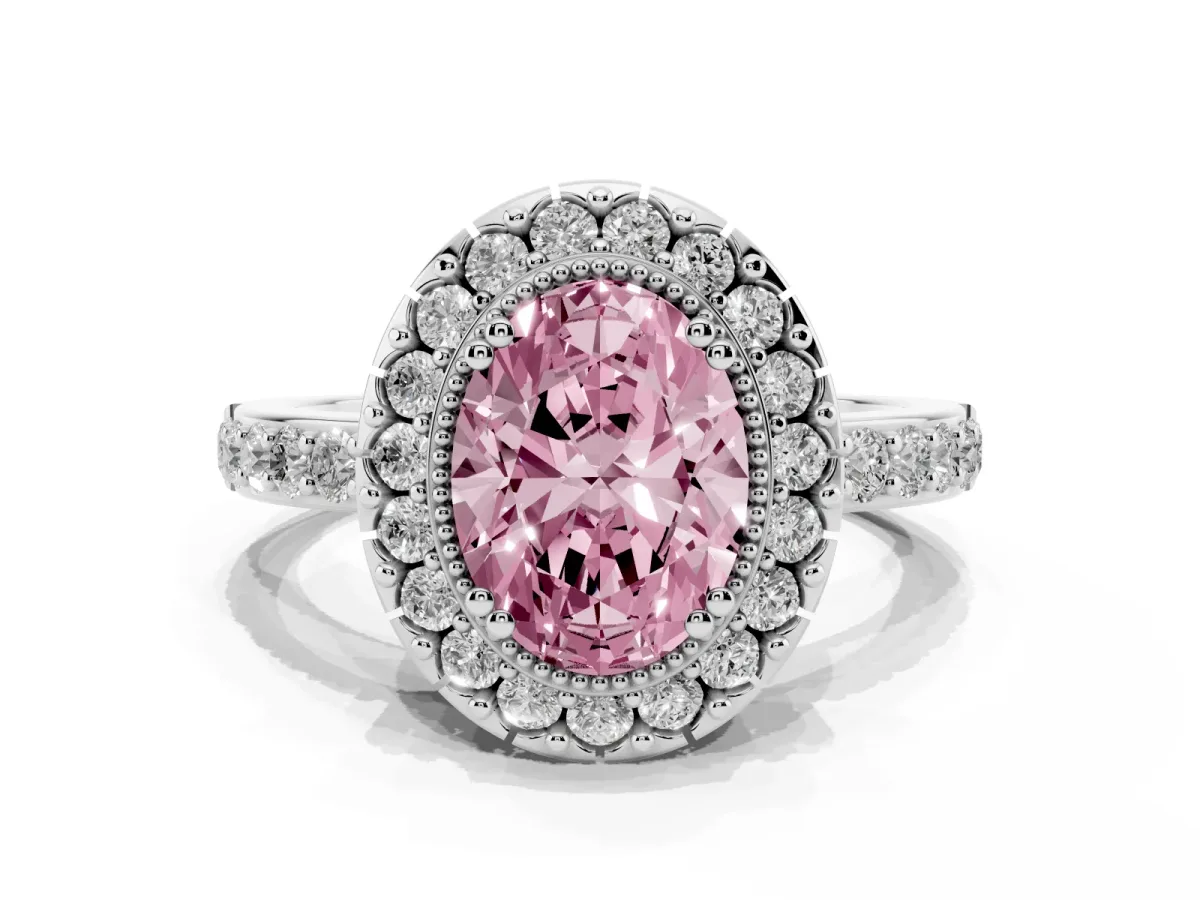 Fancy Pink Oval Cut Diamond Halo Ring with Pavé Band and Prong Setting Silver